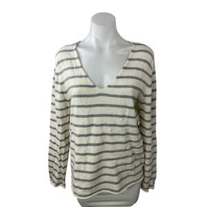 SAVED New York Gray White Striped Long Sleeve V Neck Sweater Shirt Top Size M/L